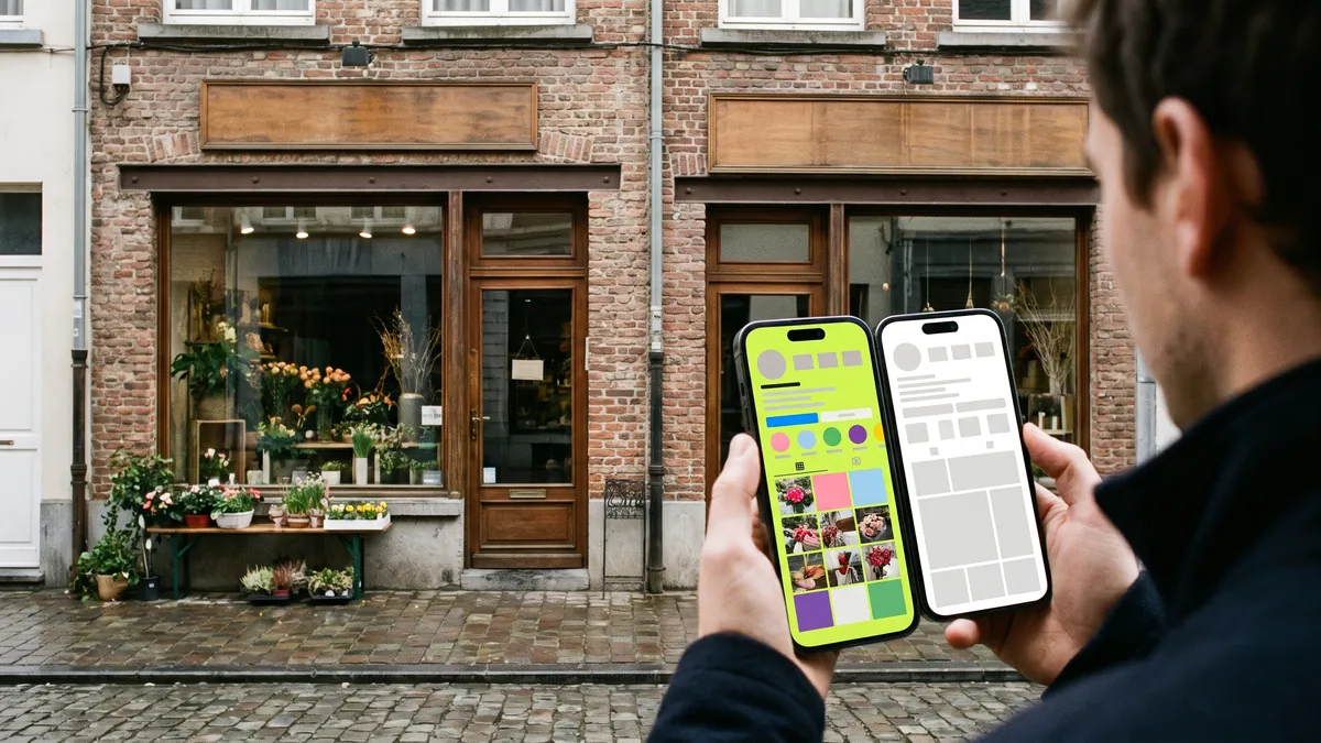 Personne de dos devant deux vitrines de fleuristes en briques, tenant deux téléphones côte à côte : une fiche d'établissement bien remplie encadrée de vert acide et une fiche presque vide